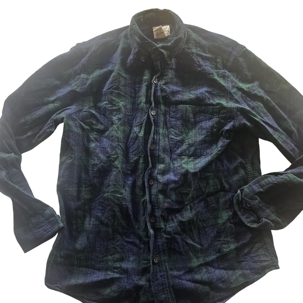 LL Bean Shirt Mens Medium Green Navy Plaid Button Down Slightly Fitted‎ Cotton